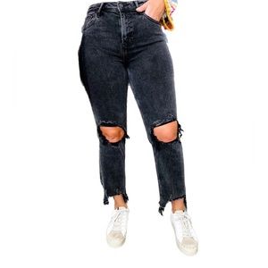 Risen Distressed Straight Leg Cropped Black Jeans